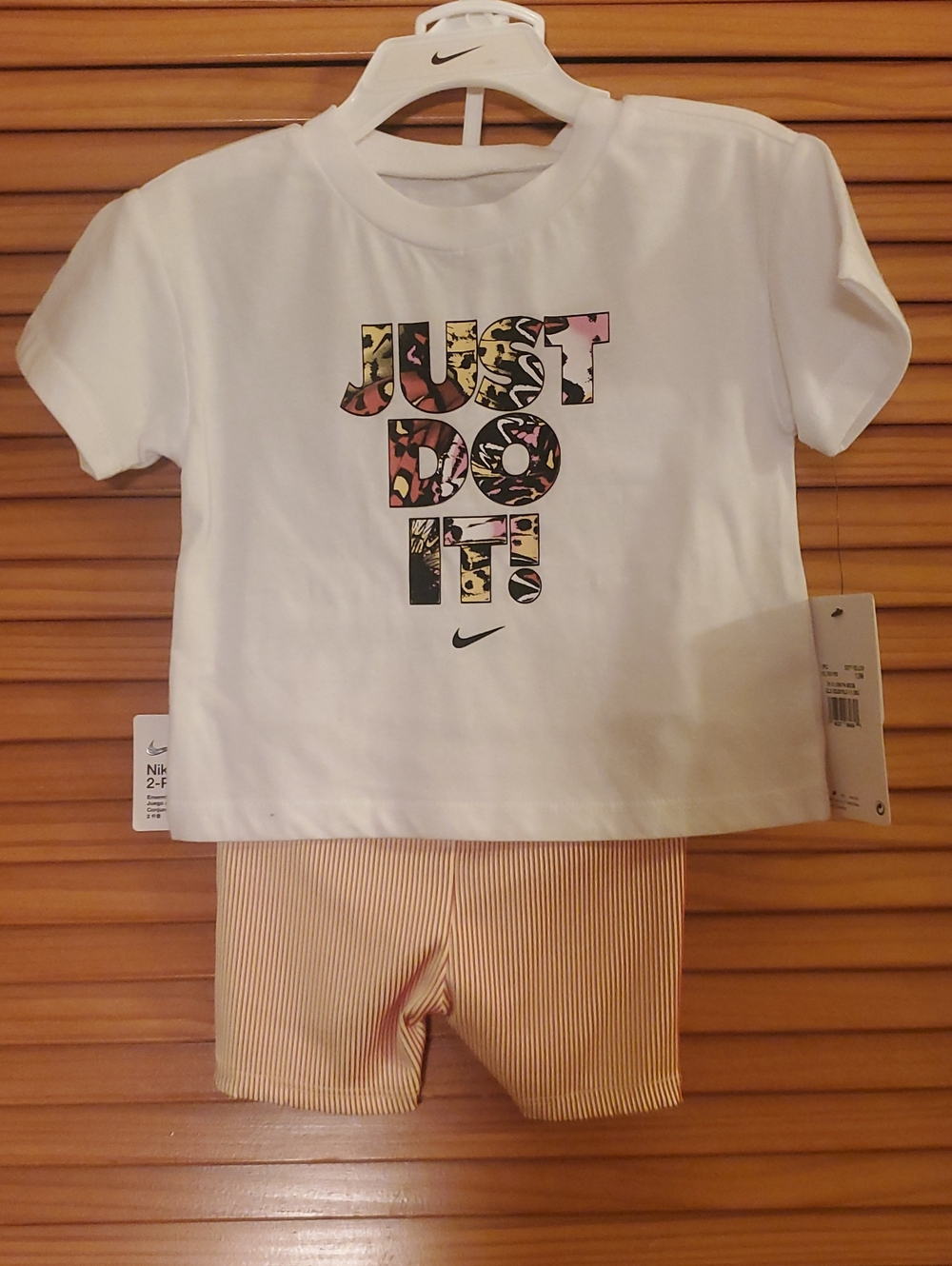 Nike White Tee with Multicolor Camo 'Just Do It' +  Striped Shorts